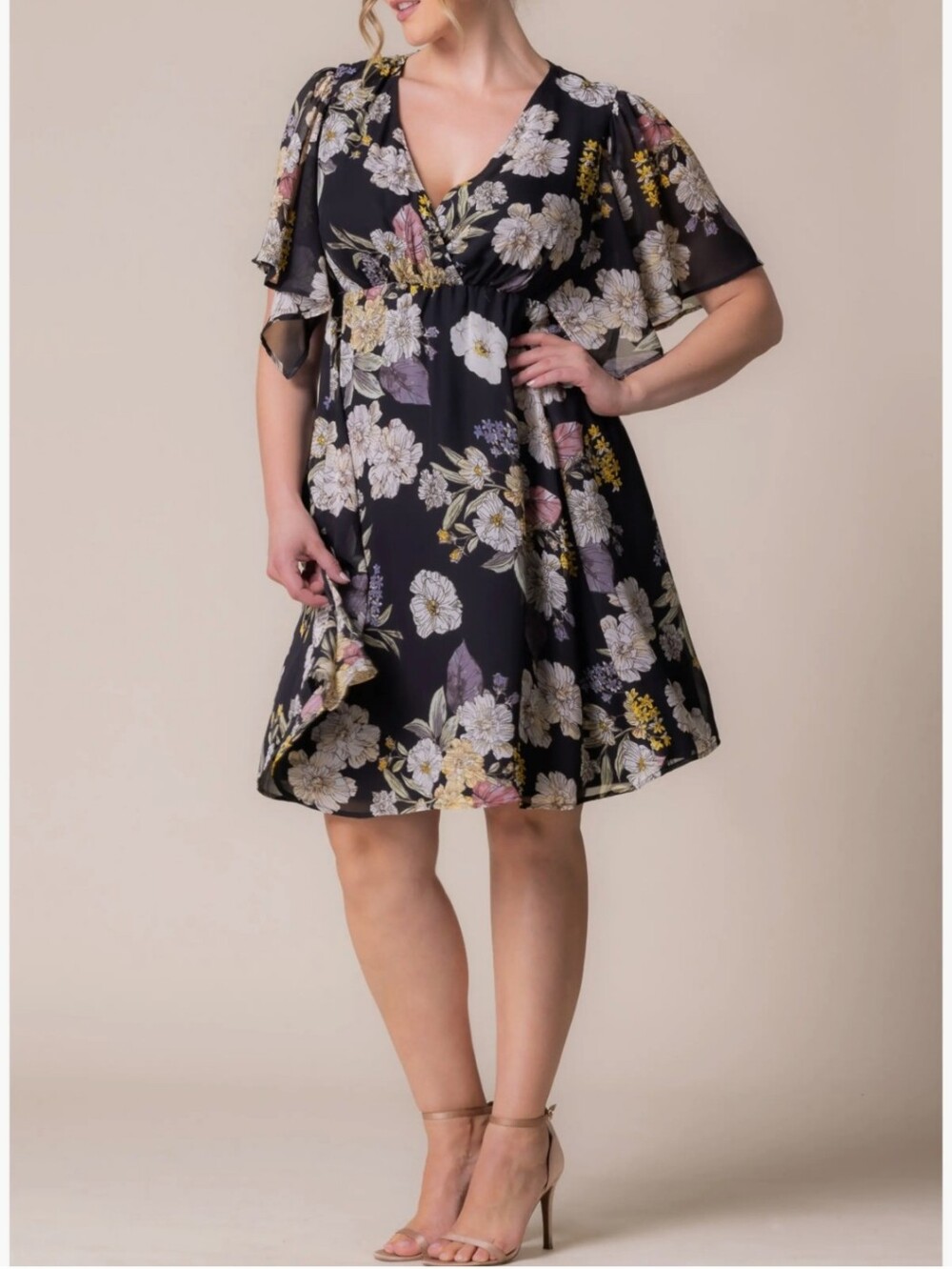 Kiyonna | Florence Flutter Sleeve Dress | Midnight Peony Print | NWT | 3X